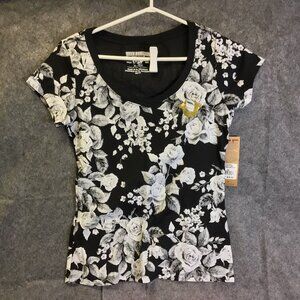 TRUE RELIGION Women's T-shirt XS Black Floral Gold Crystal BUDDHA LOGO NWT